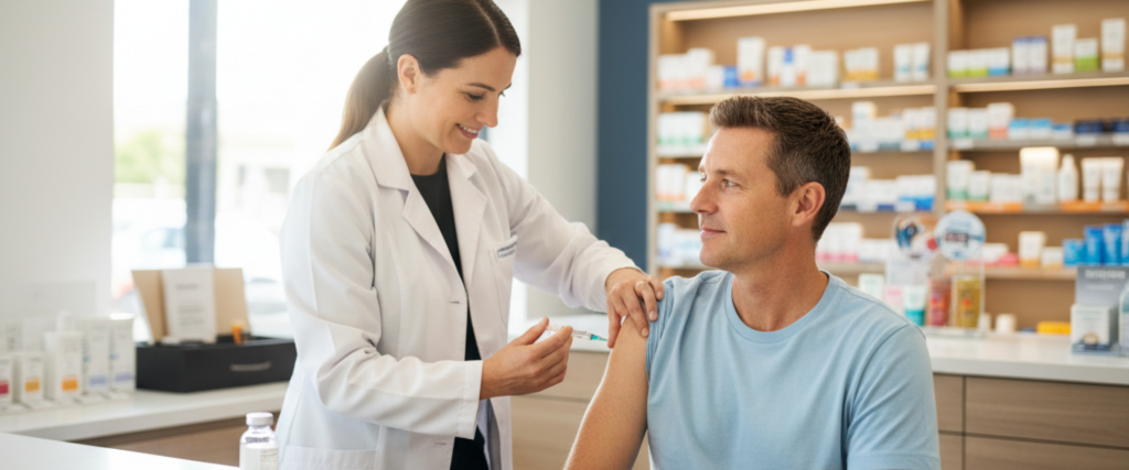 Flu vaccination newport nsw — Pharmacist preparing a flu vaccination at the Newport NSW walk-in clinic with no appointment required