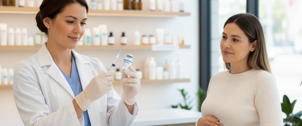 Whooping cough vaccine newport — Friendly pharmacist preparing a whooping cough vaccine in Newport NSW for a local patient
