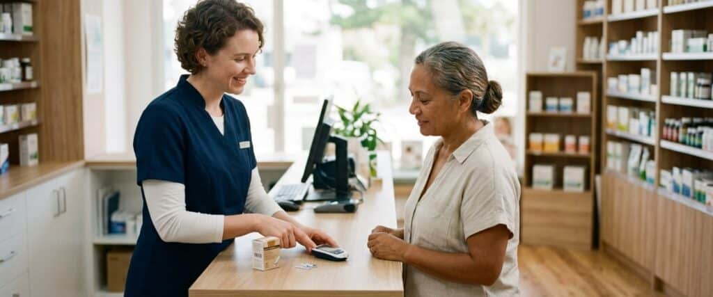 Pharmacist assisting a customer with diabetes monitoring Newport residents can access without a GP referral