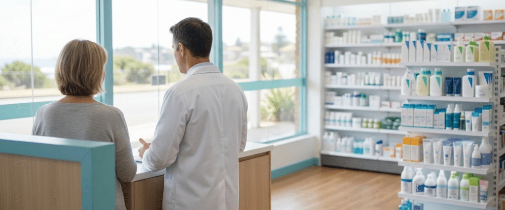 Pharmacist consulting with a customer about skin disorder treatment Newport residents can access locally